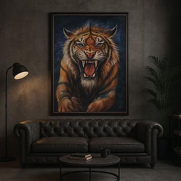 Картины: Картина «Тигр» ручной работы выполнена из шерсти, валяние, интерьерная — 7