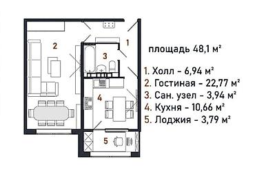 Продажа квартир: Однокомнатная квартира, общая площадь 48,1 м². Продаю однокомнатную — 2