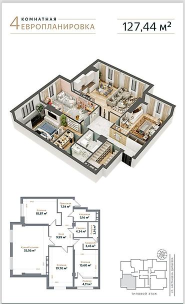 60: 4 комнаты, 127 м², Асанбай мкр Элитка, 10 этаж, ПСО (под самоотделку) — 1