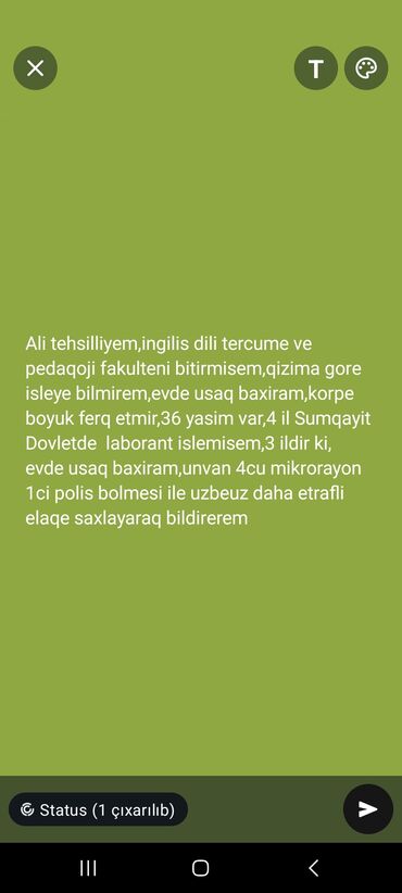 Dayələr: Uşaq baxımı xidməti – Sumqayıt - Təhsil: Ali təhsil, İngilis dili