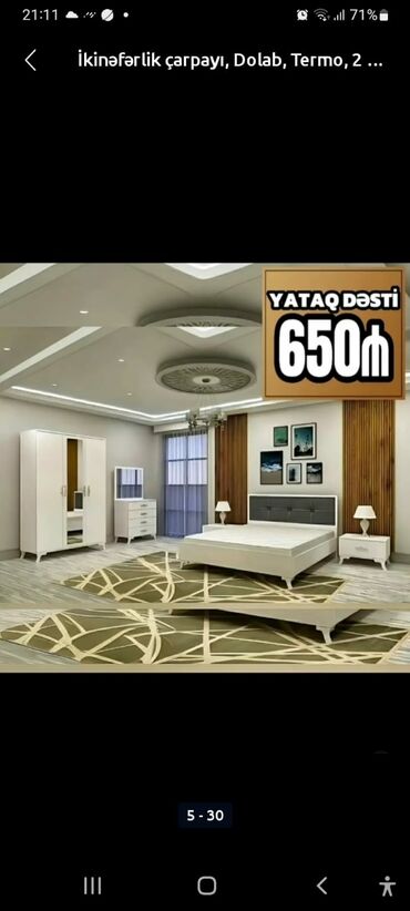 Yataq otağı dəstləri: İkinəfərlik çarpayı, Termo, Dolab, 2 tumba, Azərbaycan, Yeni — 9