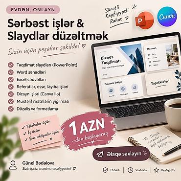 Evdən, onlayn şəkildə sərbəst işlər və slaydların hazırlanması lalafo.az -da Evdən, onlayn şəkildə sərbəst işlər və slaydların hazırlanması