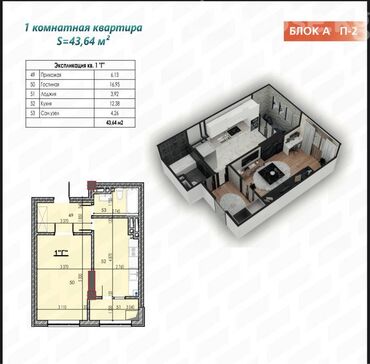 ак ордо квартир: 1 комната, 43 м², Элитка, 7 этаж, ПСО (под самоотделку)