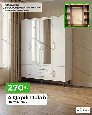 Dolablar: Məhsul: 4 qapılı dolab Xüsusiyyətlər: - Ölçü: 40×200×160 sm - — 1