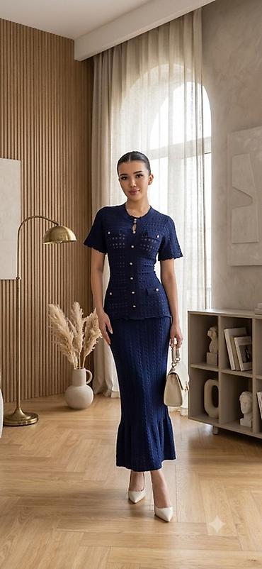 трикотажные тройки: Костюм с юбкой, Модель юбки: Прямая, Миди, Стандарт — 9