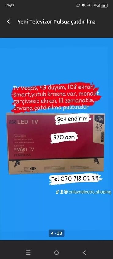 Televizorlar: Anbardan satiş Televizorlar.Unvana çatririlma pulsuzdu.Melumat uçun — 20