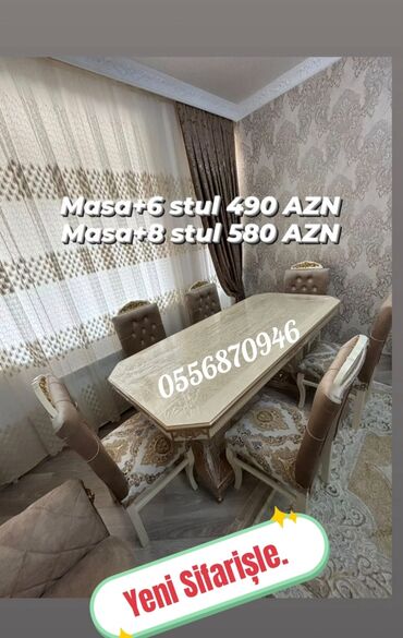 Masa və oturacaq dəstləri: Qonaq otağı üçün, Yeni, Açılmayan, Dördbucaq masa, 6 stul — 3