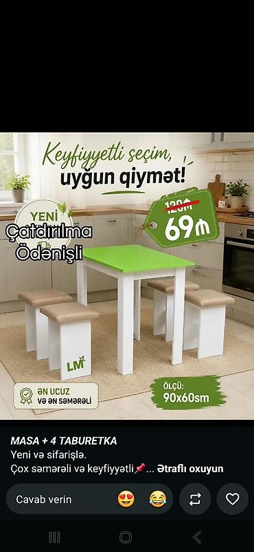 işlənmiş mətbəx stolu: Mətbəx üçün masa və 4 taburetka dəsti - Ölçü: 90x60 sm - Rəng: ağ — 1