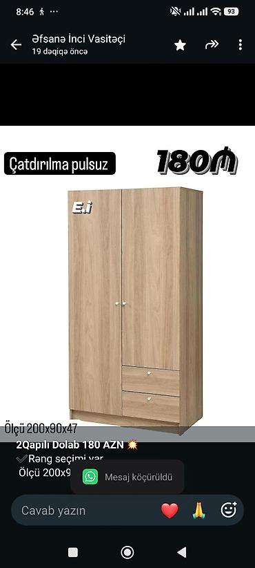 *2Qapılı Dolab 180 AZN 💥* ✔️Rəng seçimi var Ölçü 200x90x47 ✔️ *Şəhər