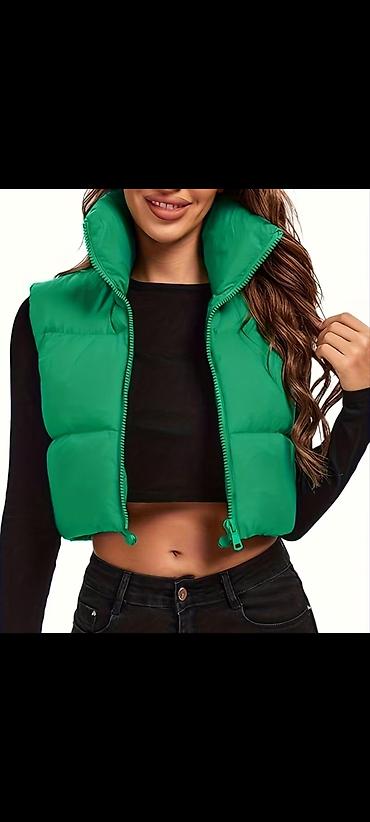 zip: Qadınlar üçün qısa şişmə jilet – yaşıl rəng - Model: crop uzunluqlu — 1