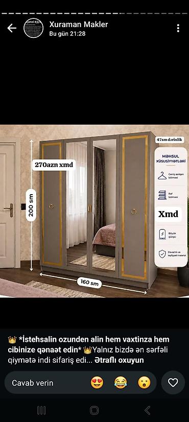 Mebel: 3 qapılı aynalı paltar şkafı Ölçülər: - Hündürlük: 200 sm -