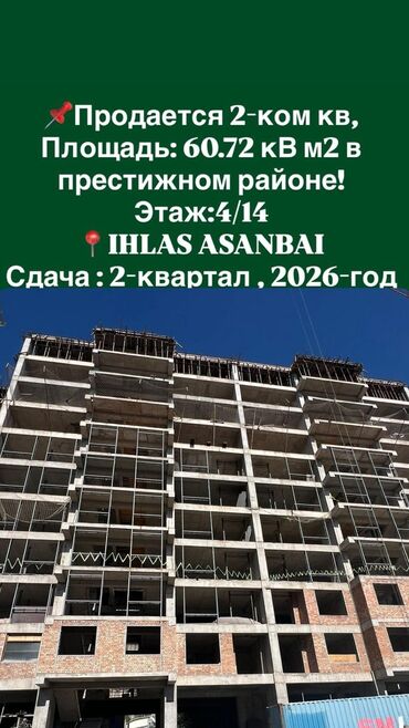 Батирлерди сатуу: 2 бөлмө, 60 кв. м, Элитка, 4 кабат, ПСО (өзү оңдоп түзөтүп бүтүү үчүн)
