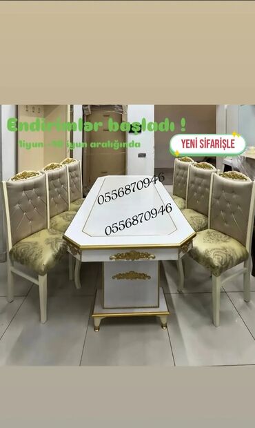 Masa və oturacaq dəstləri: Qonaq otağı üçün, Yeni, Açılmayan, Dördbucaq masa, 6 stul — 8