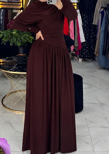 Qadın geyimləri: Qəhvəyi rəngli uzun don - Model: Asimmetrik yaxa kəsimli, uzun ətəkli — 7