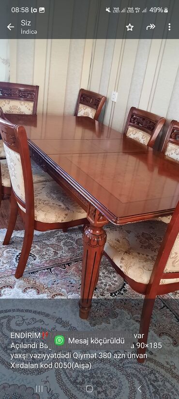 Salon masaları: ENDİRİM‼️Masa dəsti satılır 8 stulu var Açılandı Bağlı halda 90×160
