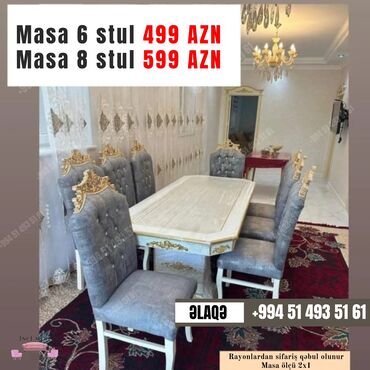 Masa və oturacaq dəstləri: Qonaq otağı üçün, Yeni, Açılmayan, Dördbucaq masa, 6 stul — 4