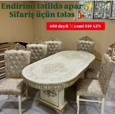 Masa və oturacaq dəstləri: Qonaq otağı üçün, Yeni, Açılmayan, Dördbucaq masa, 6 stul — 6