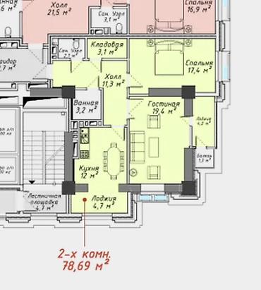 елисей: 2 комнаты, 78 м², Асанбай мкр 12 этаж, ПСО (под самоотделку) — 3