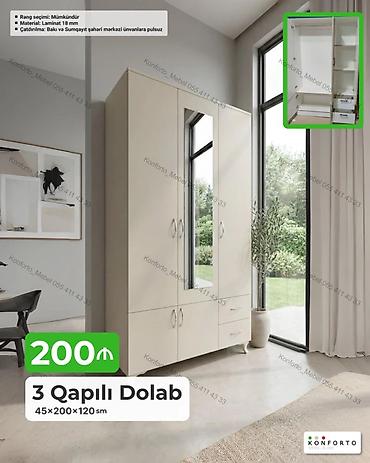 Dolablar: 3 qapılı dolab – 45×200×120 sm - Material: 18 mm laminat - Rəng — 1
