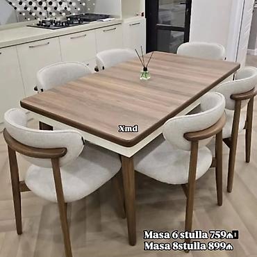 Masa və oturacaq dəstləri: Masa və 6 stul dəsti – Xmd • Komplekt: 1 yemək masası + 6 ədəd stul — 185