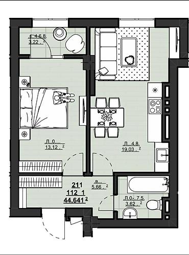 Продажа квартир: 1 комната, 44 м², Асанбай мкр Элитка, 12 этаж, ПСО (под самоотделку) — 3