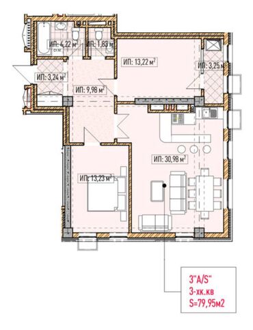 3 комнатная квартира асанбай: 3 комнаты, 79 м², Элитка, 6 этаж, ПСО (под самоотделку)