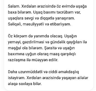 baxçada dayə iş elani: Xırdalanda uşaq baxımı xidməti - Xidmət növü: Dayə/ușaq baxıcısı - — 3