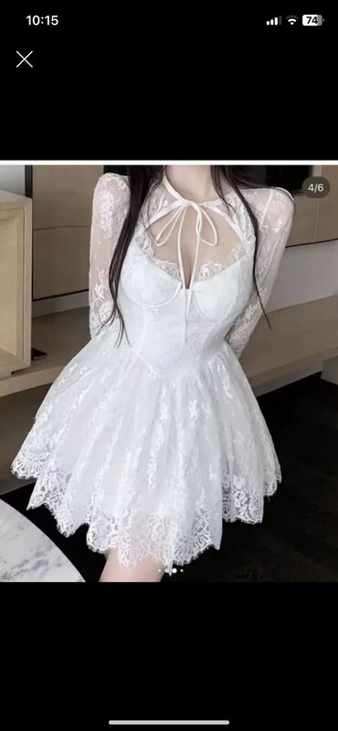 вечернее белое платье: Вечернее платье, Пышное, Короткая модель, С рукавами
