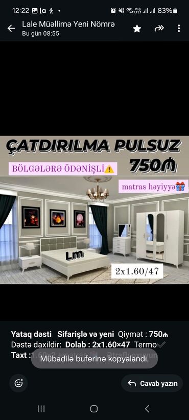 Masa və oturacaq dəstləri: *Yataq dəsti* *Sifarişlə və yeni* Qiymət : *750₼* Dəstə daxildir