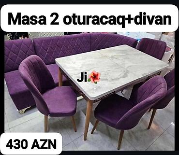 divan 2 ci el: Mətbəx/qonaq otağı üçün dəst: - Masa + 2 oturacaq + L‑şəkilli divan - — 1