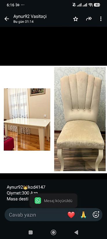 Aynur92👑kod4147 Qiymet:300 Azn Masa desti satilir 1 masa 6 oturacaq