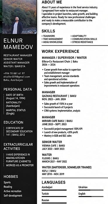 reception part time: Ofisiant, Kişi, 32 yaş, 5 ildən artıq təcrübə — 2