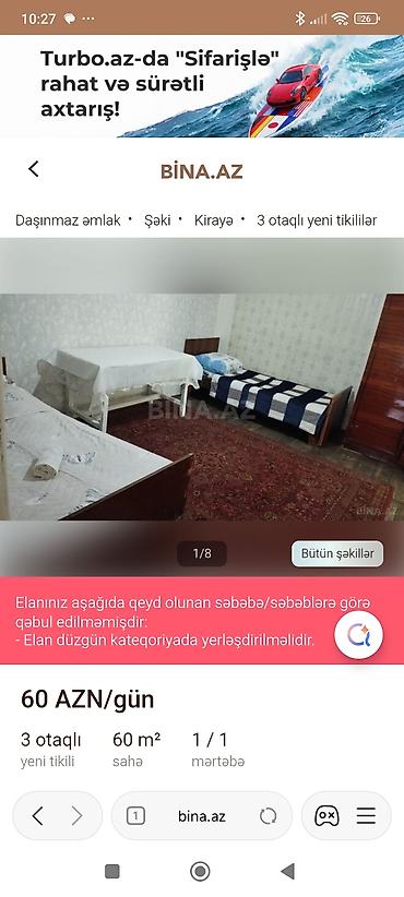 sumqayit kiraye evler: Şəki, gündəlik kirayə – 3 otaqlı həyət evi - Sahə: 60 m² - Mərtəbə — 1