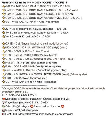 Masaüstü kompüterlər və iş stansiyaları: Masaüstü Kompüterlər “G2030 / CORE i3 / CORE i5” ⭐G2030 / 4GB DDR3 RAM — 2