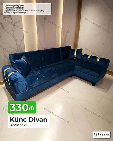 Divanlar: Künc divan – 260×160 sm - Mexanizm: açılan, bazalı (yataq funksiyalı — 1