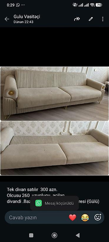 Tek divan satılır 300 azn. Olcusu 260 uzunlugu .acilan divandi
