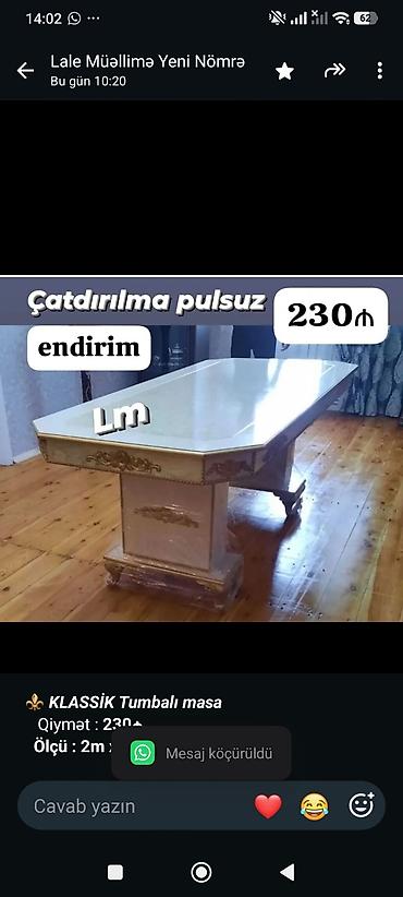 tum: ⚜️ *_KLASSİK Tumbalı masa_* Qiymət : *230₼* *Ölçü : 2m x — 1