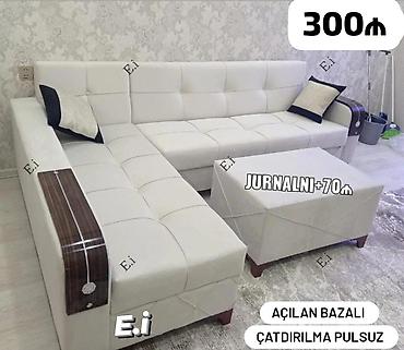 Divanlar: Açılan-bazalı L şəkilli künc divanı - Rəng: ağ, dekorativ qara-ağ — 1