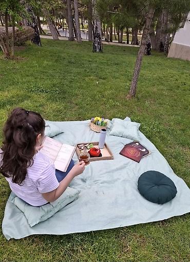 heyet stolari: Piknik dəsti – yumşaq doldurmalı, kvadrat naxışlı yaylıq və yastıqlar — 4
