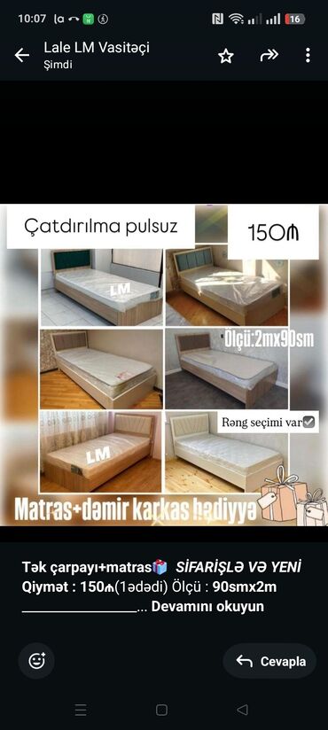 Mətbəx mebeli: *Tək çarpayı+matras🎁* _*SİFARİŞLƏ VƏ YENİ*_ *Qiymət : 150₼*(1ədədi)