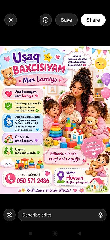 gencede xeste baxicisi: Dayə, Öz evində, 45 yaş, 3-5 illik təcrübə — 1