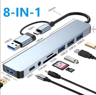 Noutbuklar üçün örtük və çantalar: USB hub 8 in 1 bagli qutu Type-C ve Usb 3.0