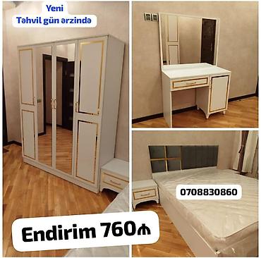 taxta dolab: Yataq otağı mebel dəsti - Rəng: ağ gövdə, qızılı dekor xətləri, boz — 1