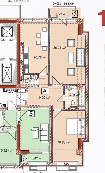кв мкр: 2 комнаты, 83 м², Асанбай мкр Элитка, 9 этаж, ПСО (под самоотделку) — 2