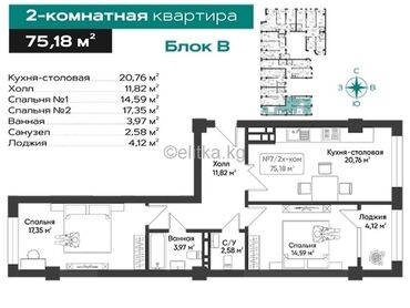 Продажа квартир: 2 комнаты, 75 м², Элитка, 7 этаж, ПСО (под самоотделку)