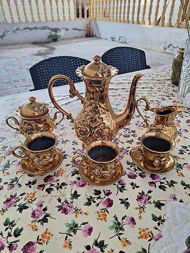 süzgəc: Qəhvə dəsti, rəng - Qızılı, Farfor, Alpina, 3 nəfərlik, Azərbaycan — 3