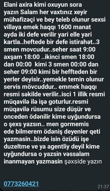 nəzarətçi vakansiya 2024: Mühafizə, təhlükəsizlik