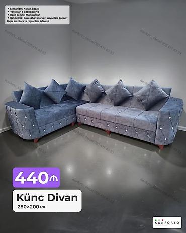 Künc divan – 280×200 sm • Mexanizm: açılan, bazalı • Komplekt: 6