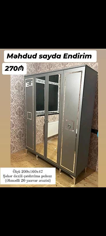 Yeni, 4 qapılı, Güzgülü, Boz, Açılan, Düz dolab