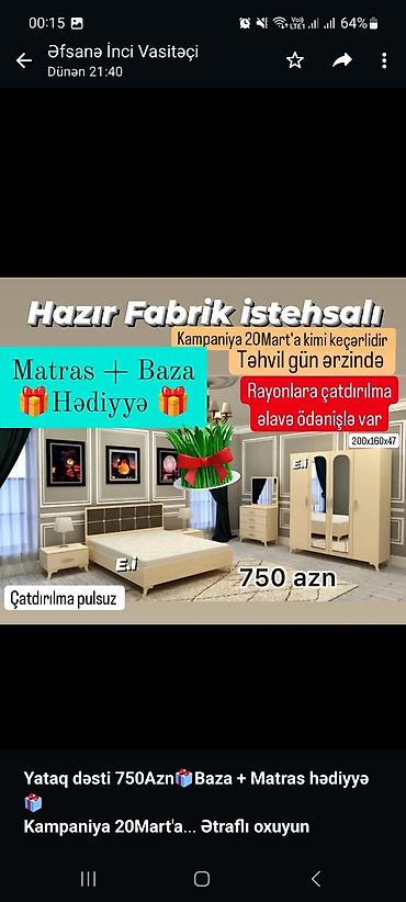 mebel trimo: *Yataq dəsti 750Azn🎁Baza + Matras hədiyyə🎁* *Kampaniya 20Mart'a kimi — 2